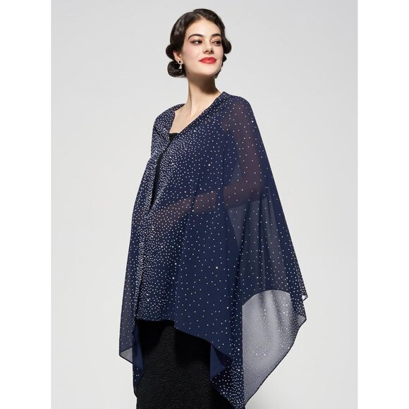 Women Blue Sequin Chiffon Shawls and Wraps Formal Rhinestone for Evening Dress - Picture 6 of 6